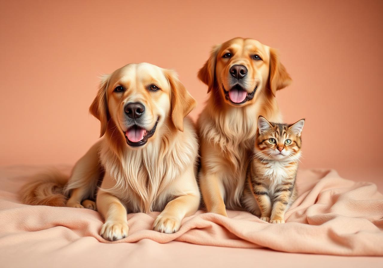 A happy golden retriever and a tabby cat resting together