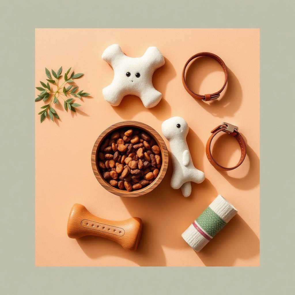 A flat lay of pet supplies — food bowl, toy, collar and a small plant